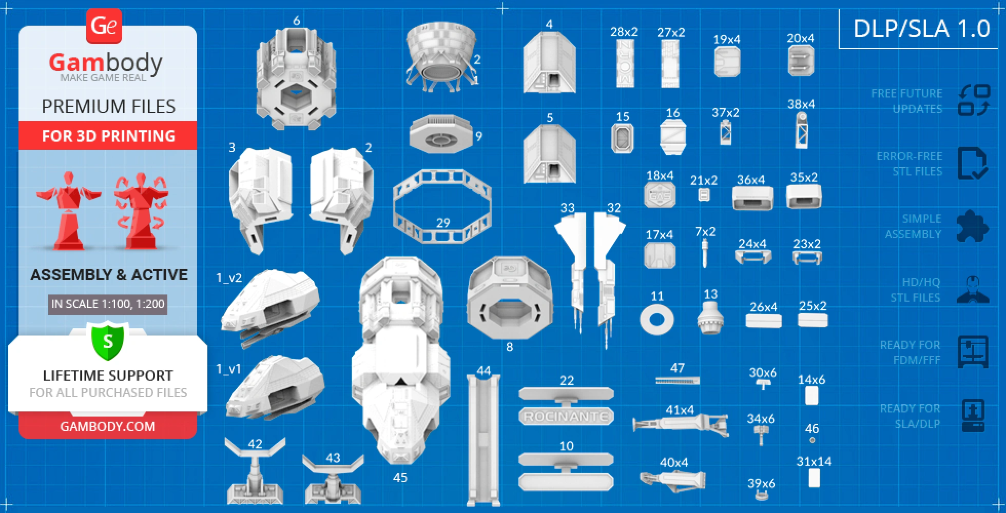 Multiple 3D model parts for the Rocinante ship, labeled on a blue grid background for 3D printing.