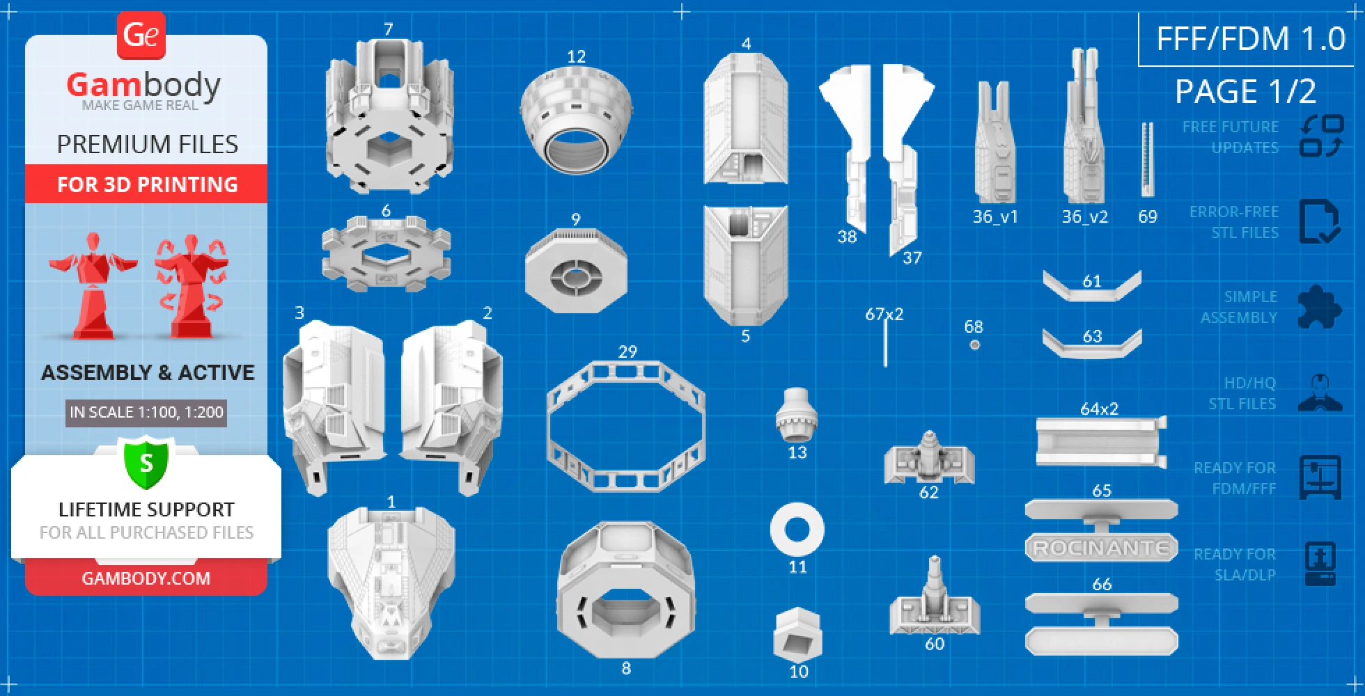 Blueprint of detailed Rocinante ship parts for 3D printing, labeled for assembly.