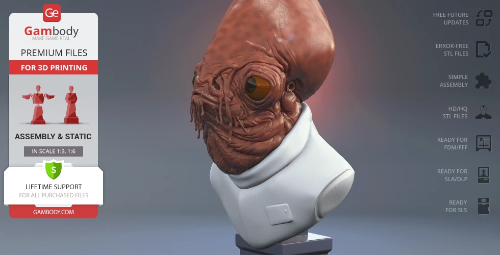 Bust of an alien figure with textured skin and large eyes, wearing a collared outfit, displayed on a small base.