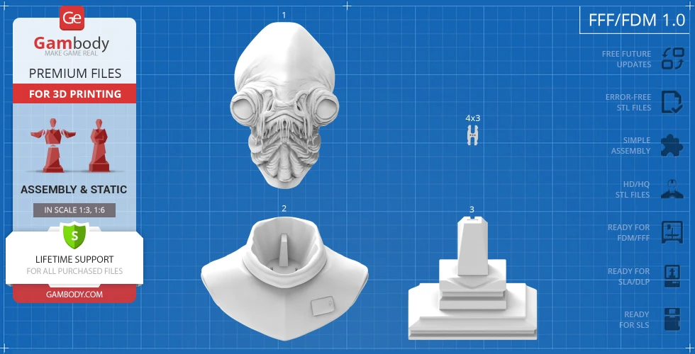 3D printable Admiral Ackbar bust on a display stand. Includes assembly parts on a blue schematic background.