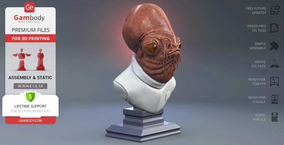 Bust of a humanoid alien with a large head and detailed facial features, wearing a uniform, on a display stand.