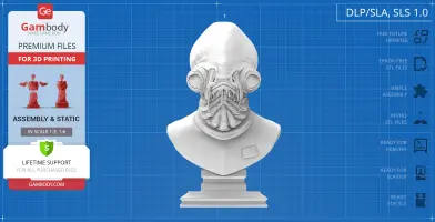 3D printed bust of Admiral Ackbar with detailed textures and features.