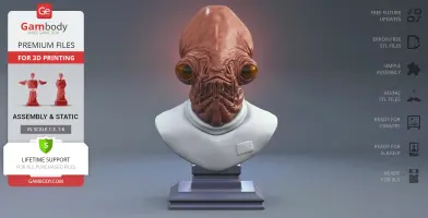 A detailed bust of a humanoid alien with large eyes, ready for 3D printing, displayed on a pedestal.