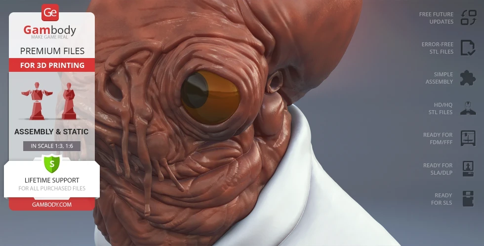 Close-up of a detailed 3D modeled Admiral Ackbar bust for printing, showcasing textures and details.