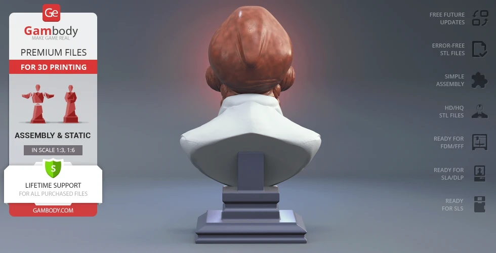 A 3D printed bust of Admiral Ackbar from behind, showcasing details of the head and shoulders.