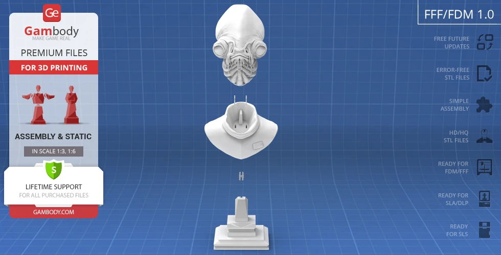 3D printable bust of Admiral Ackbar, shown in separate assembly components on a blue grid background.