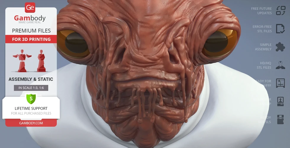 A detailed bust of a creature with large eyes and textured skin, suited for 3D printing.