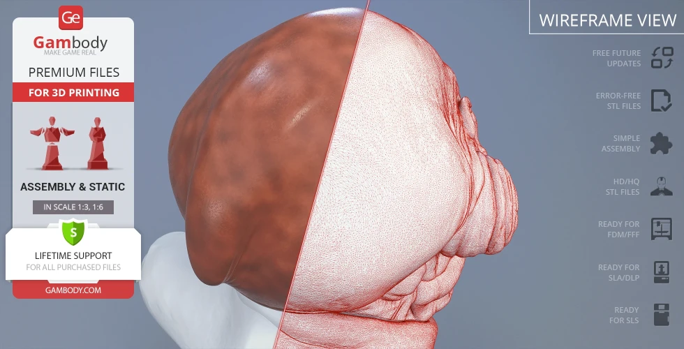 3D model of Admiral Ackbar's bust, split view with solid and wireframe render on Gambody's site.