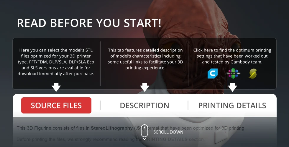 Admiral Ackbar bust model highlighted, with options for source files, description, and printing details below.