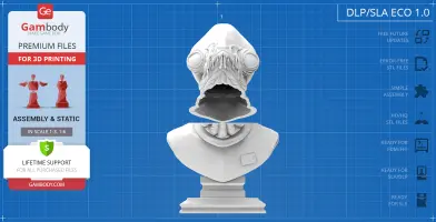 Bust of a creature with large eyes and a wide mouth on a pedestal, designed for 3D printing.