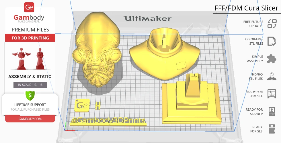 3D model parts of Admiral Ackbar for printing, including head, torso, and stand, displayed in a slicer interface.