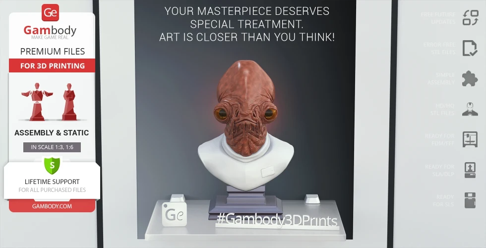 Bust of Admiral Ackbar on display, with text and branding for 3D printing from Gambody.