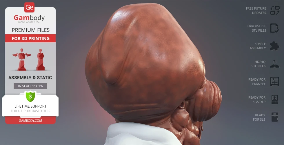 Bust of an alien character with a large head and detailed textures, designed for 3D printing.