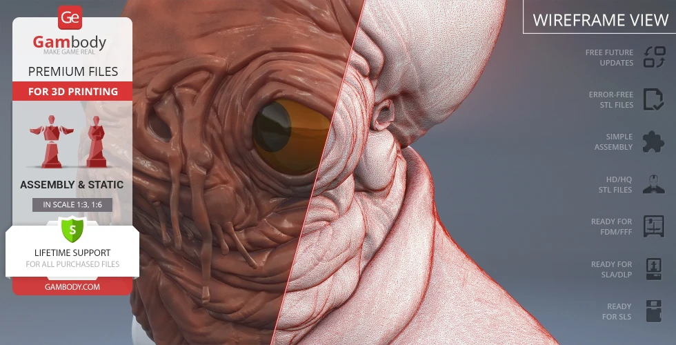 A detailed Admiral Ackbar bust model for 3D printing, featuring a realistic texture and wireframe view.