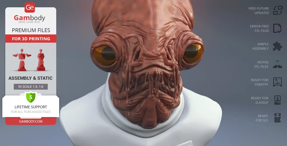 3D printed bust of Admiral Ackbar, detailed alien head and upper torso from Star Wars.