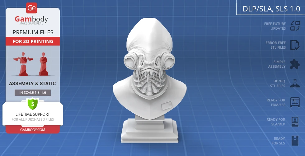 A detailed 3D printable bust of a sci-fi character with a distinct head and facial features on a pedestal.