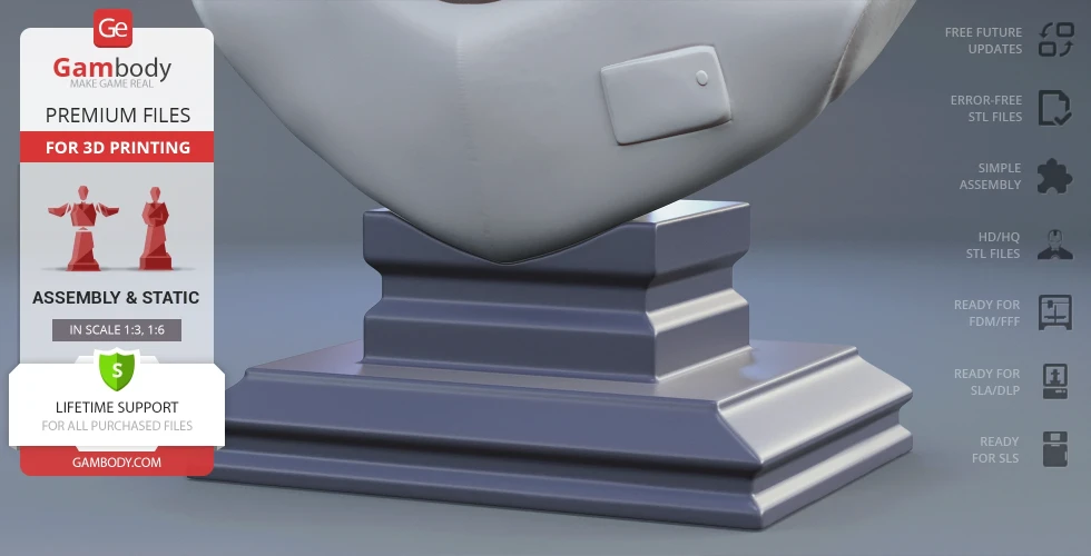 3D printable bust of a figure on a pedestal, with Gambody branding and printing options shown.
