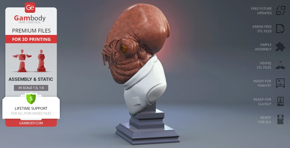 3D model bust of Admiral Ackbar on a display stand, ready for 3D printing.