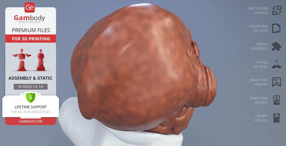 A detailed 3D printable bust of Admiral Ackbar, showcasing his distinct head features from the side.