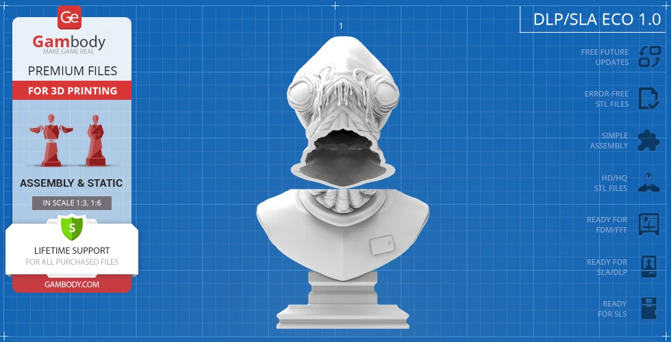 Bust of a creature with large eyes and a wide mouth on a pedestal, designed for 3D printing.
