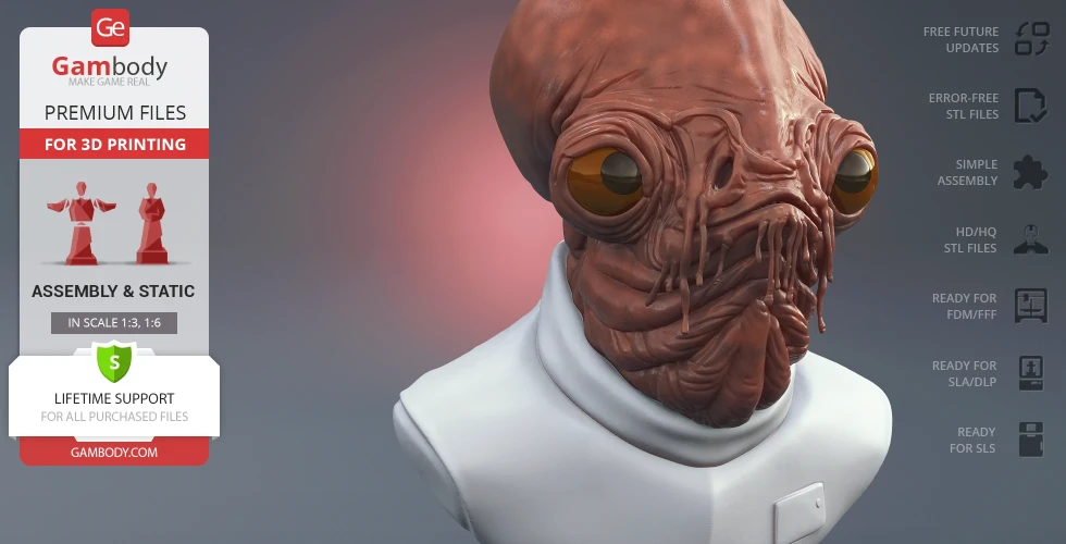 A detailed 3D bust of a humanoid creature with large eyes and textured skin, wearing a white uniform.