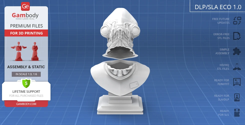 3D printing model of Admiral Ackbar bust, shown disassembled for assembly and static display.