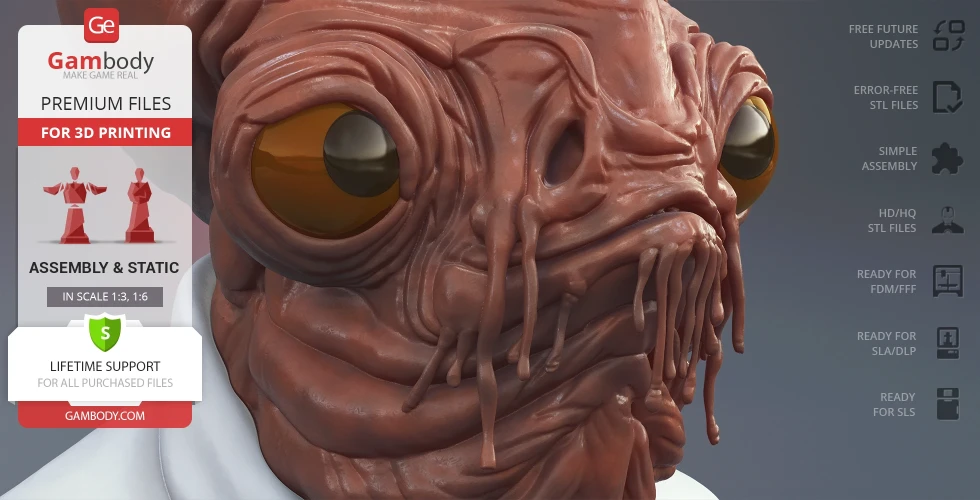 Bust of an alien-like character with large eyes and textured skin, designed for 3D printing.