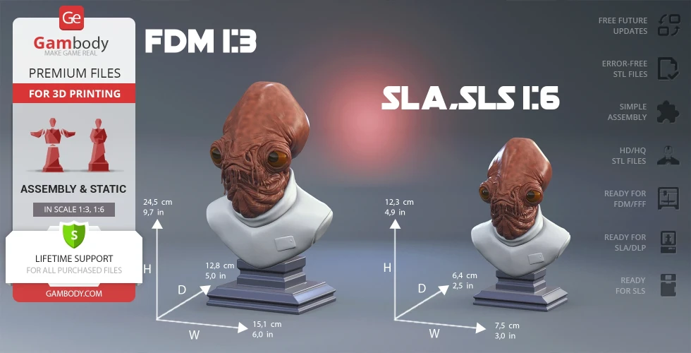 3D model of Admiral Ackbar bust for printing, showcasing dimensions in two scales with detailed options.