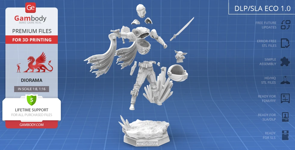 The Mandalorian STL diorama features a dynamic pose with Grogu, a cape, and a sword, ready for 3D printing.