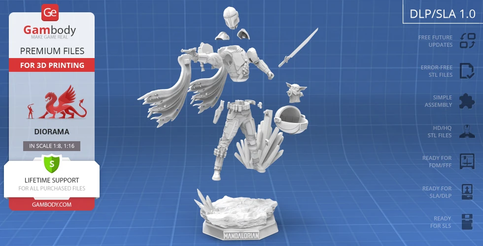 A 3D model diorama of a warrior with a flowing cape and sword, accompanied by a small creature on a rocky base.