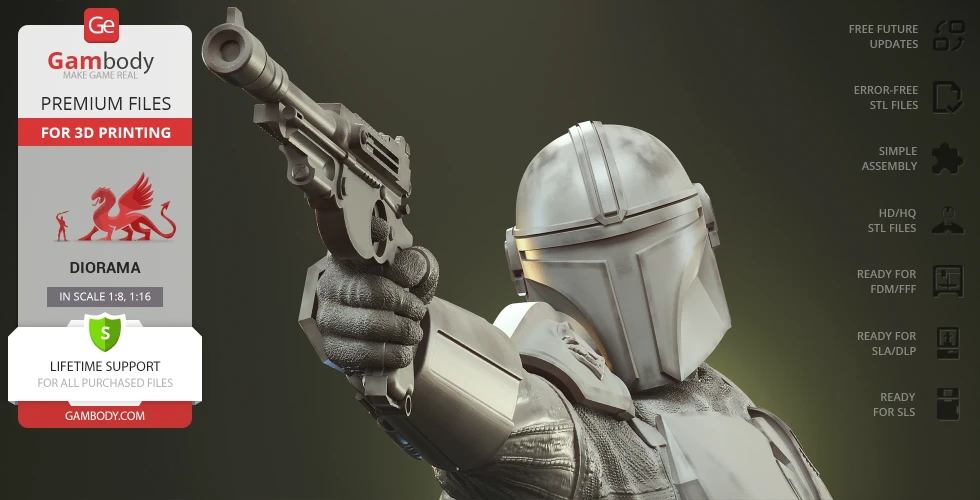 A 3D model of a helmeted figure aiming a blaster. Includes 3D printing details and support info.