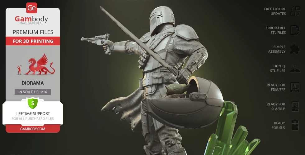 Armored figure with a cape holds a blaster, standing next to a floating pod carrying a small creature.