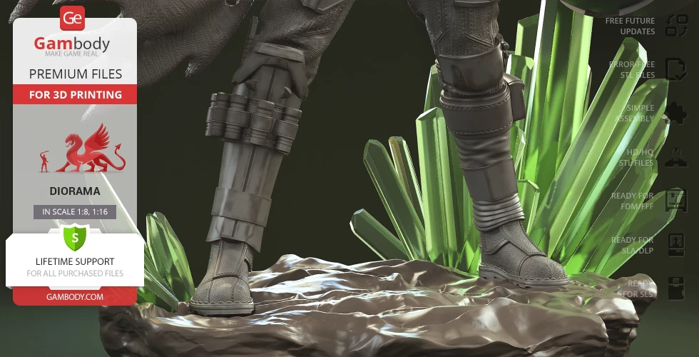 A model showing detailed boots and leg armor on a rocky base with green crystal formations.