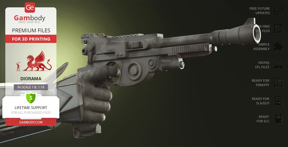 A detailed 3D model of a blaster pistol with gloves, designed for 3D printing.