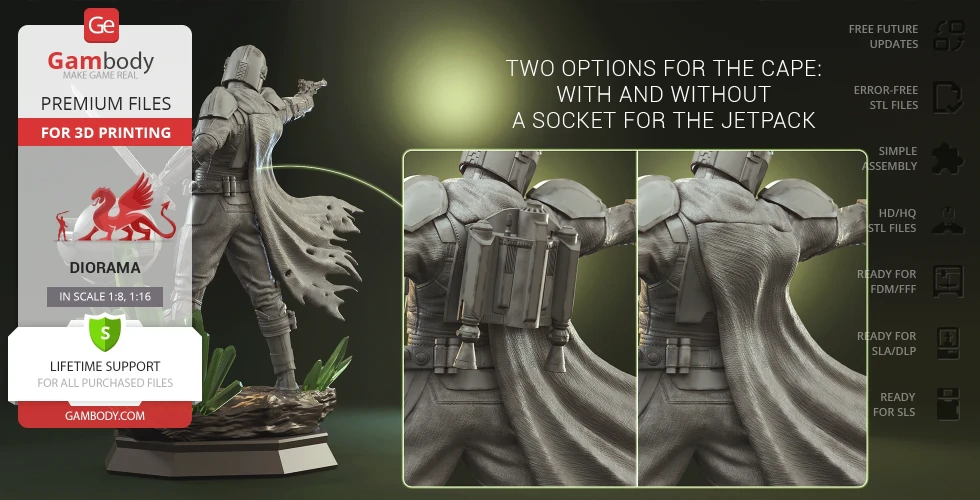 3D print model of a warrior with armor, holding a child figure, features interchangeable cape options.
