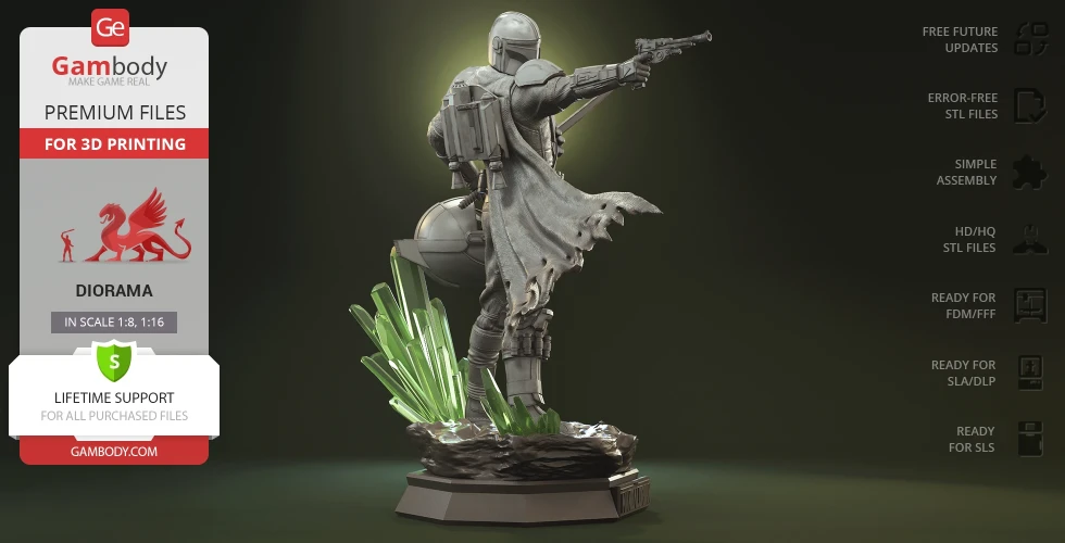 A 3D printed model depicting The Mandalorian holding a weapon, with Grogu at his feet on a rocky base.