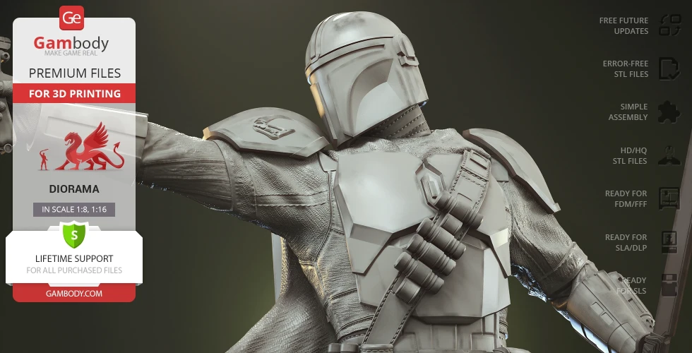 A detailed 3D model of a sci-fi armored figure for printing, offered by Gambody for premium download.