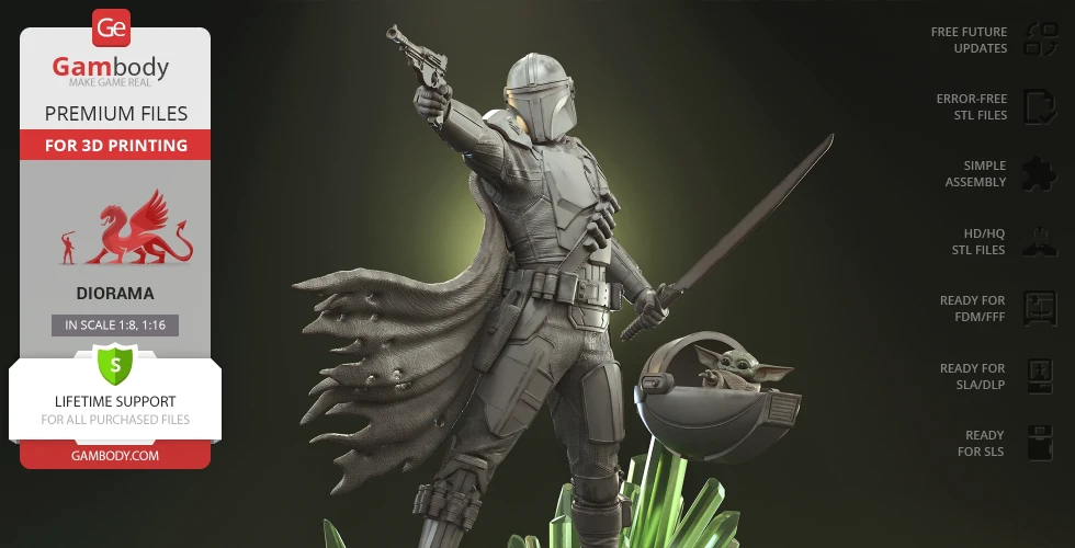 A 3D model of an armored figure with a cape and sword, holding a hovering cradle with a small creature inside.