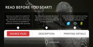 The Mandalorian figure with text on selecting and printing 3D STL files from Gambody platform.