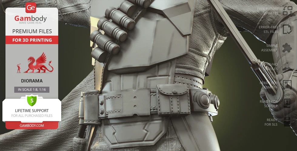 Detailed close-up of a Mandalorian figure's torso, featuring armor and utility belt design.