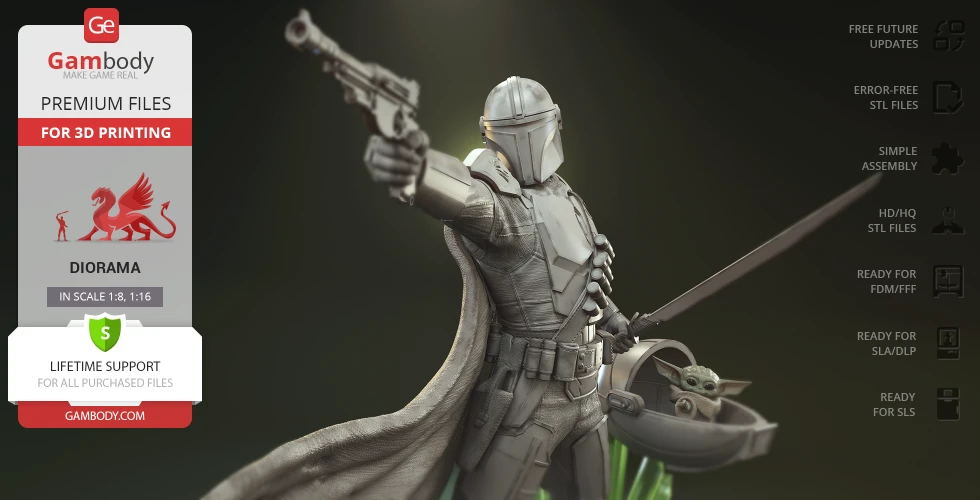 A 3D model of a helmeted warrior with a blaster and a small creature in a floating pod.