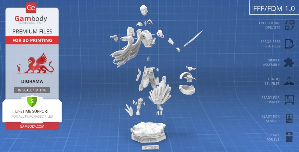 Exploded view of The Mandalorian and Grogu 3D model parts for printing assembly, set against a blue grid.