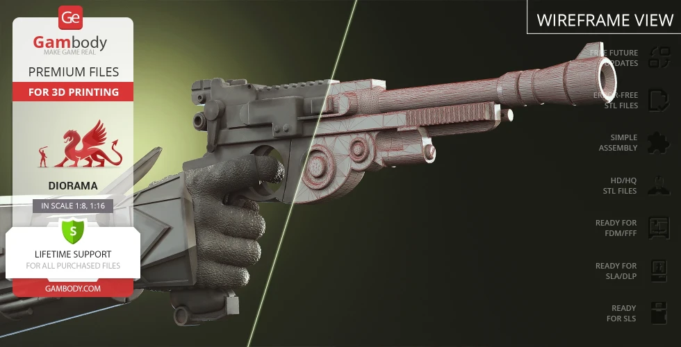 A 3D model of a sci-fi blaster pistol in wireframe and solid view for 3D printing from Gambody.