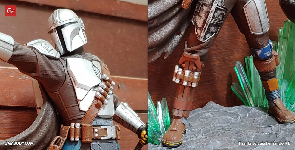 A detailed 3D printed model of a futuristic armored figure with various accessories and a plant-like base.