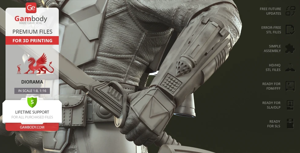 3D model of an armored figure with elaborate details, designed for 3D printing.