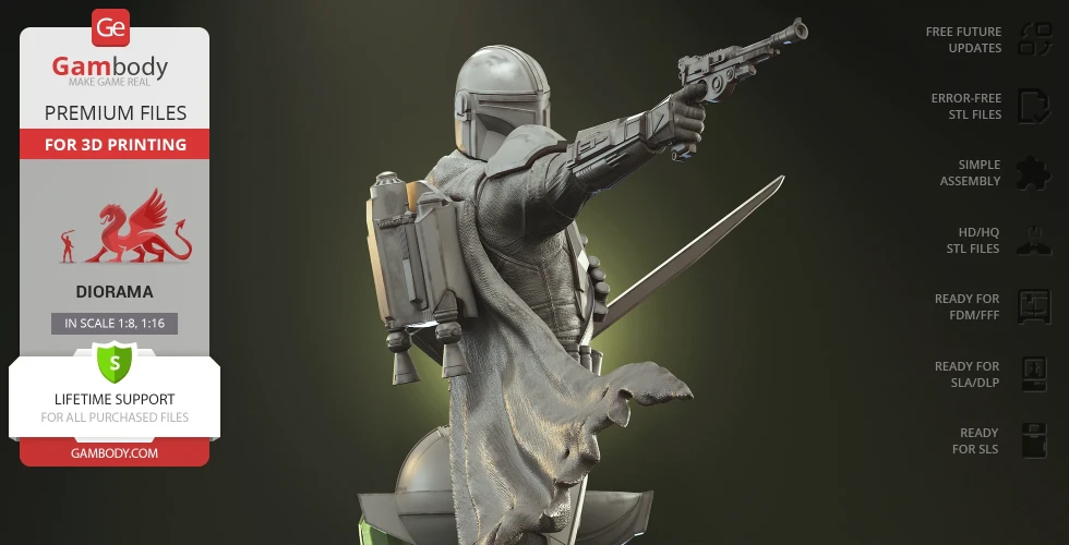 A detailed 3D model of a sci-fi warrior in armor holding a blaster, with a small creature at their side.