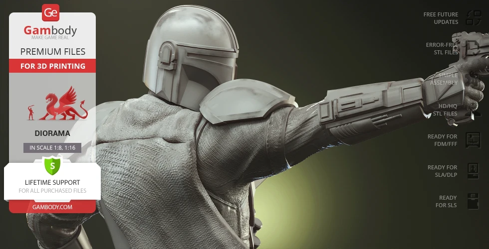 Armored figure aiming a blaster, ready for 3D printing diorama, with support details on the left side.