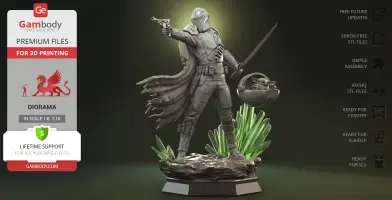 A 3D model of a Mandalorian figure holding a rifle, standing beside Grogu in a pod, surrounded by green crystals.