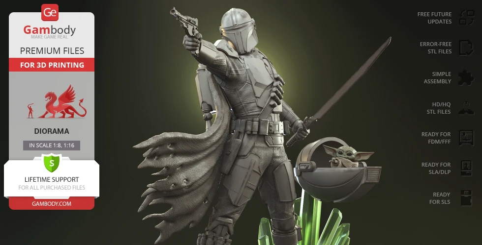 A detailed 3D model of a warrior in armor with a sword, accompanied by a small creature in a floating pod.