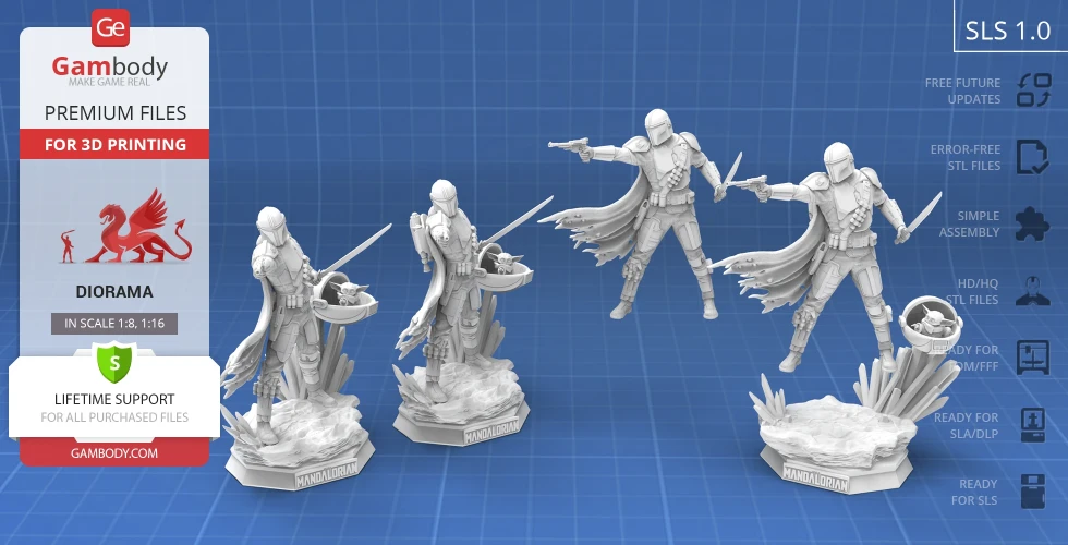 The image shows 3D printable models of a warrior and a small creature on a themed base.